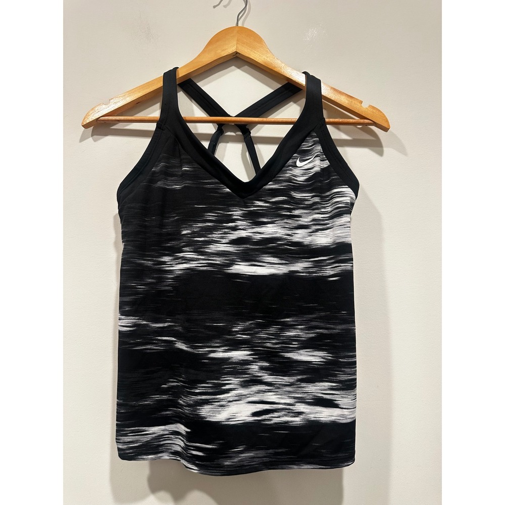 Nike Dri-FIT Womens Black White Abstract Print Built-in Bra Tank Top Small